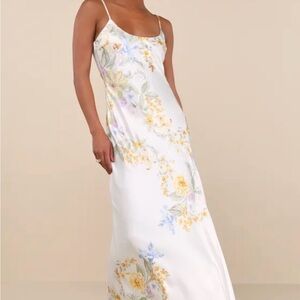 Lulu's White Floral Maxi Dress with Yellow & Lavender Accents